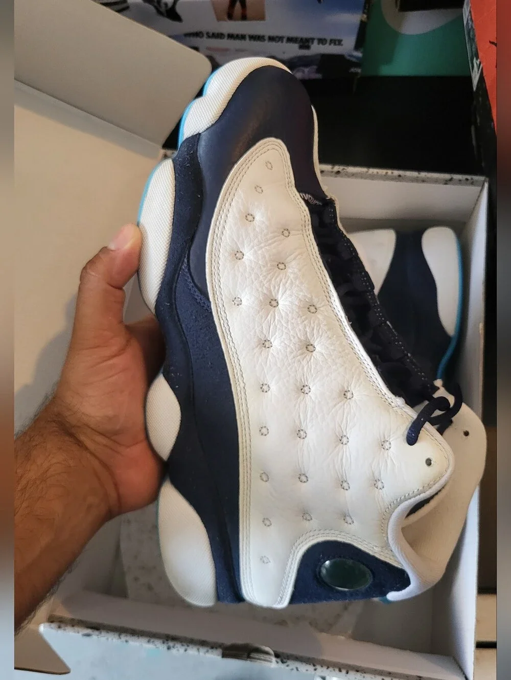 White and Navy Retro Basketball Sneakers with Teal Accents